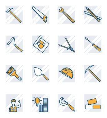 Basit bir tasarım içerisinde gösterilen çeşitli yapı araçları ve ekipman simgelerinin koleksiyonu