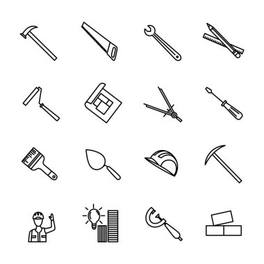 Basit bir tasarım içerisinde gösterilen çeşitli yapı araçları ve ekipman simgelerinin koleksiyonu