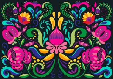 Mexican flower traditional pattern background. Ethnic embroidery decoration ornament. Flower symmetry texture. Ornate folk graphic, wallpaper. Festive mexican floral motif. Vector illustration.