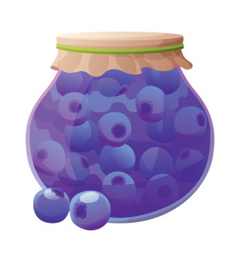 Yaban mersinli reçel kavanozu. Ev yapımı böğürtlen ve meyve reçeli, doğal organik ürün. Kahvaltılık yemek, tatlı meyveli tatlı vektör çizimi. Beyaz arka planda kış tenceresi.