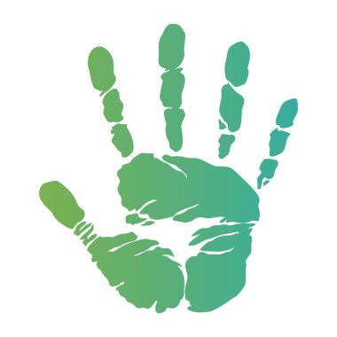 Beyaz arkaplanda izole edilmiş renkli el izi. Renkli çocuk el izi. Yaratıcı el izleri. Mutlu çocukluk tasarımı. Sanatçı çocukların damgası, parlak insan parmakları ve avuç içi vektör illüstrasyonu.