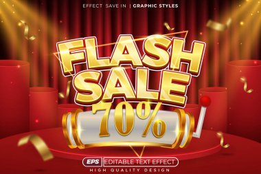 Düzenlenebilir 3d vektör etkisi flaş satışı% 70 perde ve podyum poster tasarımı şablonu için