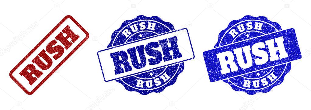 RUSH grunge stamp seals in red and blue colors. Vector RUSH imprints with grunge style. Graphic elements are rounded rectangles, rosettes, circles and text tags. Designed for rubber stamp imitations.