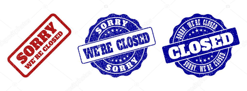 SORRY WERE CLOSED grunge stamp seals in red and blue colors. Vector SORRY WERE CLOSED marks with grunge texture. Graphic elements are rounded rectangles, rosettes, circles and text titles.