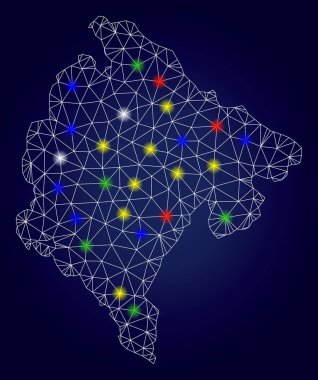 Renkli Parlayan Noktalar ile Karkas Çokgen Vektör Karadağ Haritası