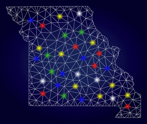 Wire Frame Polygonal Vector Missouri State Map with Color Glow Spots — Stock vektor