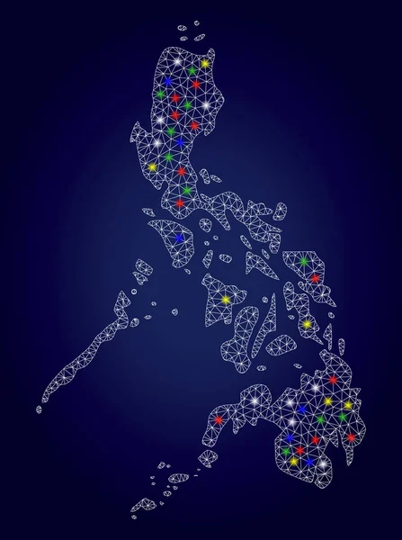 Quadro de arame vetor poligonal Filipinas mapa com coloridos pontos brilhantes —  Vetores de Stock