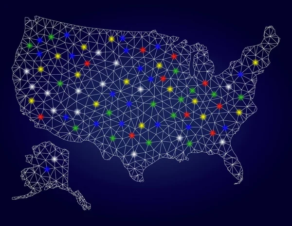 Red poligonal Vector EE.UU. con Alaska Mapa con coloridos puntos de deslumbramiento — Vector de stock