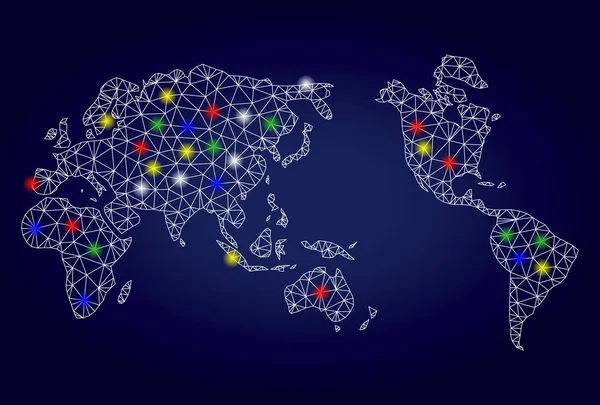 Векторная карта мира туши Меша с яркими световыми пятнами — стоковый вектор