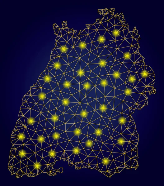 Mapa de la tierra de Baden-Wurttemberg amarillo de malla poligonal con puntos de luz brillantes — Archivo Imágenes Vectoriales