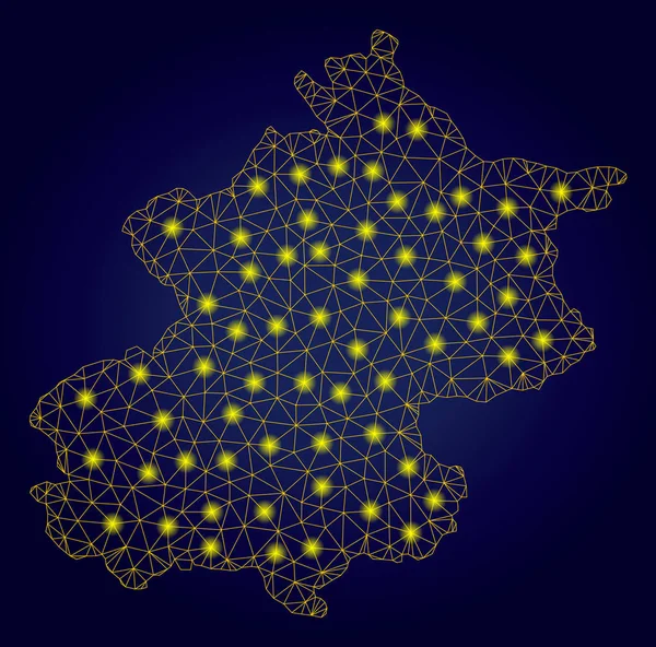 Polygonal Mesh Yellow Beijing City Map with Bright Light Spots — Stock Vector
