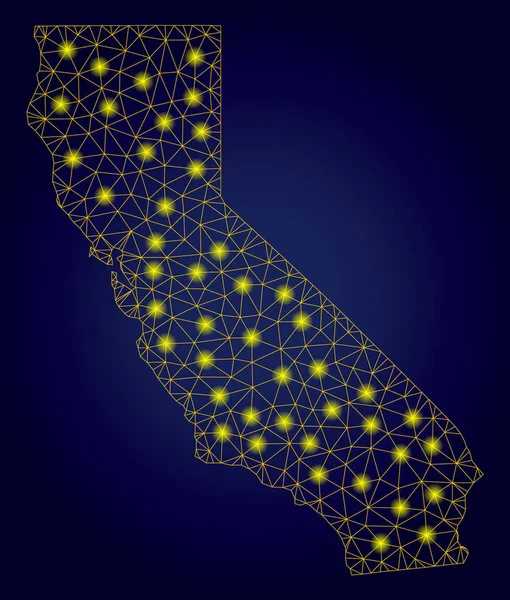 Polygonal kadaver Yellow California karta med ljus fläckar — Stock vektor