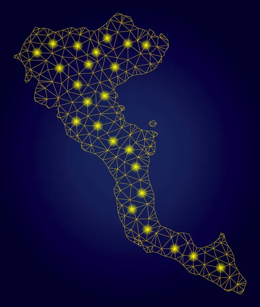 Polygonale Mesh-Karte der griechischen Insel Korfu mit hellen Lichtflecken — Stockvektor