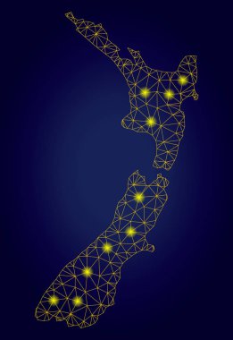 Parlak Işık Spotları ile Polygonal Carcass Sarı Yeni Zelanda Haritası