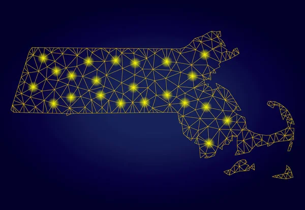 Polygonal Mesh Yellow Massachusetts State Map with Light Spots — Stock Vector