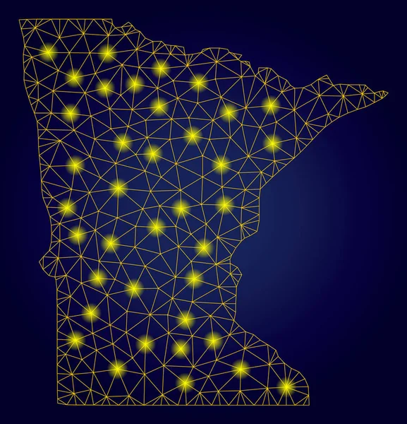 Polygonal nätverk gul Minnesota State Map med ljus fläckar — Stock vektor