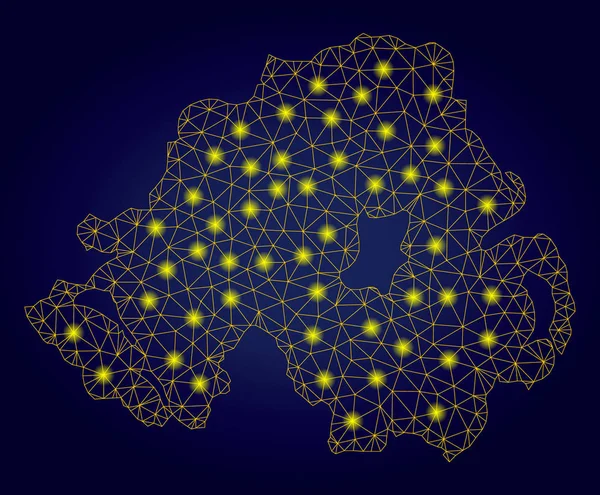 Polygonal Network Yellow Northern Ireland Map with Light Spots — Stock Vector