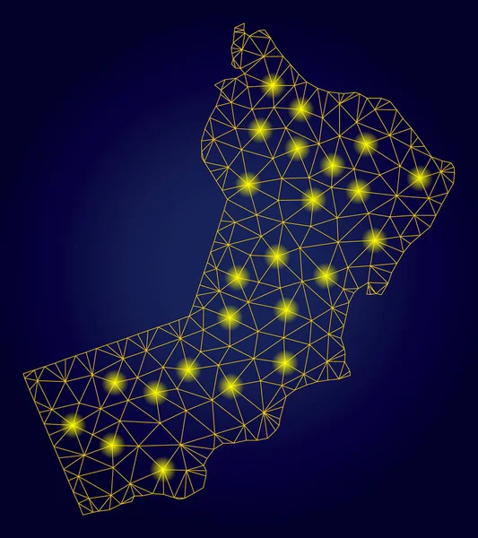 Mapa de Omã amarelo de carcaça poligonal com pontos de luz —  Vetores de Stock