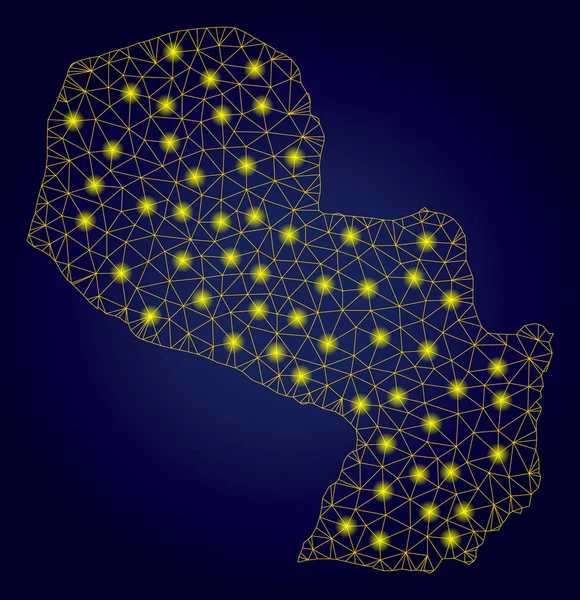 Réseau polygonal Carte du Paraguay jaune avec des taches lumineuses — Image vectorielle