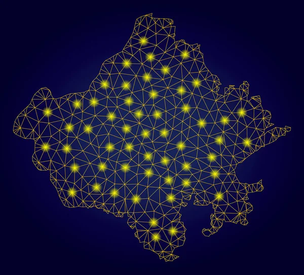 Carte polygonale de l'état du Rajasthan jaune avec des points lumineux — Image vectorielle