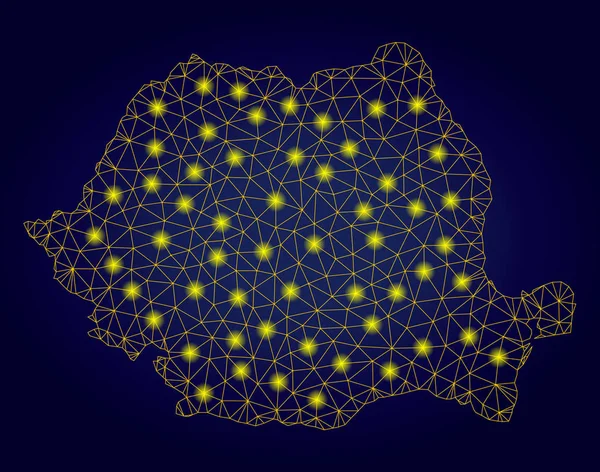 Carte polygonale en maille jaune Roumanie avec des taches lumineuses — Image vectorielle