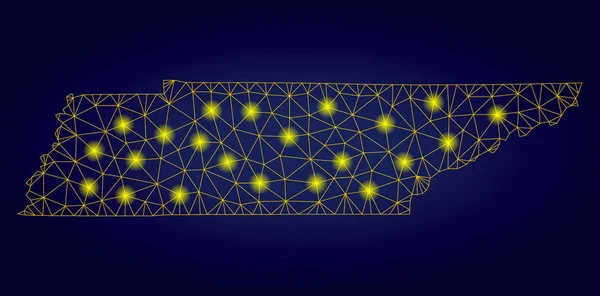 Polygonal Wire Frame gul Tennessee State Map med ljus fläckar — Stock vektor