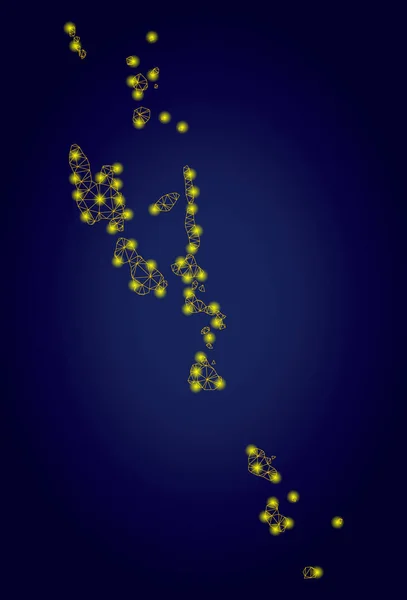 Mapa das Ilhas Vanuatu amarelas de malha poligonal com pontos de luz brilhantes — Vetor de Stock