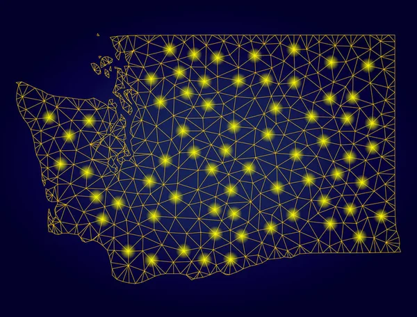 Polygonal nätverk gul Washington State Map med ljusa ljus fläckar — Stock vektor