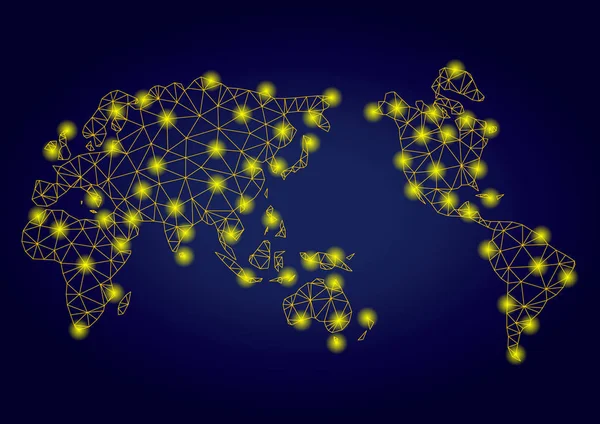 Polygonal Carcass Yellow Worldwide Map with Bright Light Spots