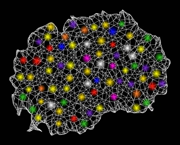 Mapa de malla web de Macedonia con puntos de luz deslumbrantes — Vector de stock