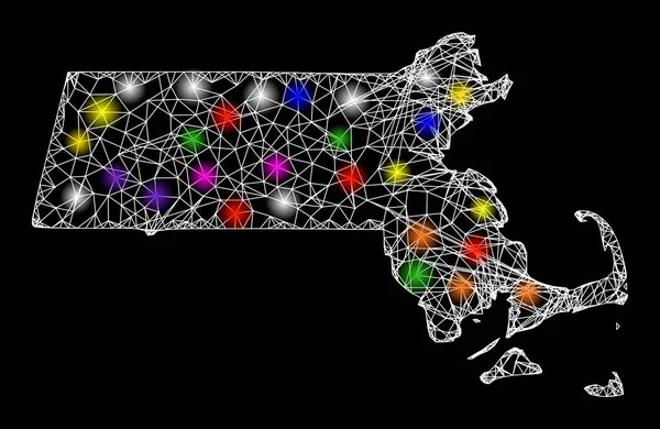 Mapa de malla web del estado de Massachusetts con puntos de luz deslumbrantes — Archivo Imágenes Vectoriales