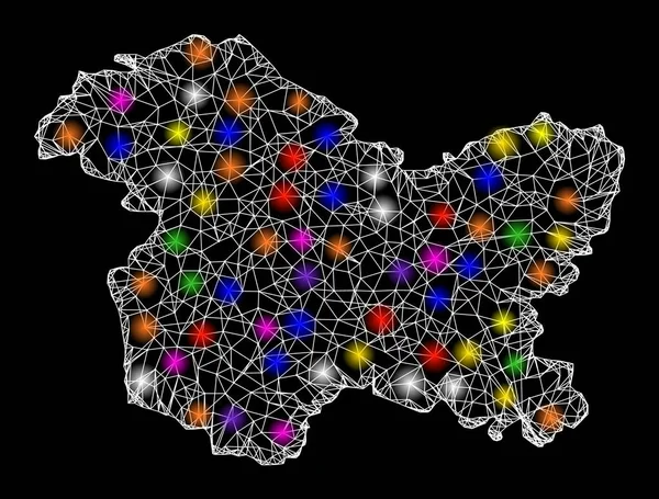 Mapa de malla web de Jammu y el estado de Cachemira con puntos de luz deslumbrantes — Vector de stock