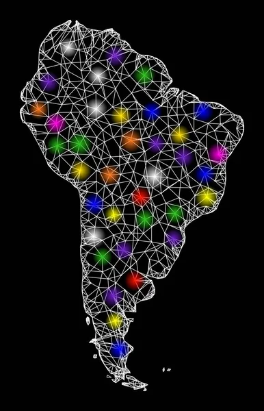 明るい光のスポットと南アメリカのWebカーカスマップ — ストックベクタ
