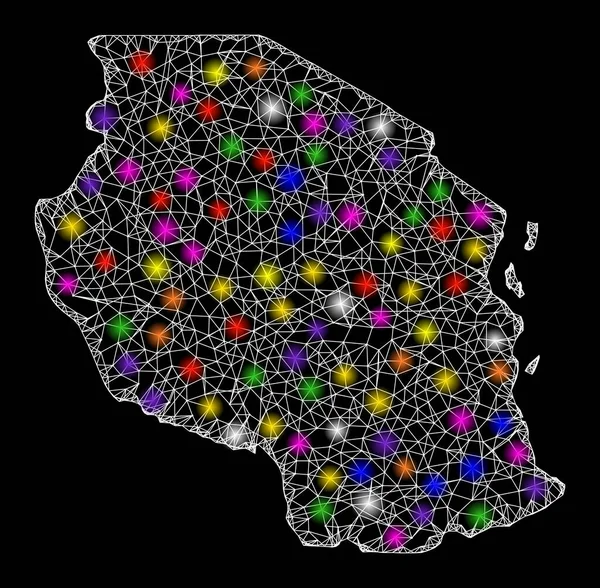 Mapa de canales web de Tanzania con puntos de luz deslumbrantes — Archivo Imágenes Vectoriales