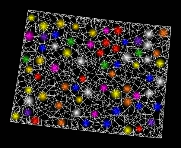 Mapa de malla web del estado de Wyoming con puntos de luz coloridos — Archivo Imágenes Vectoriales