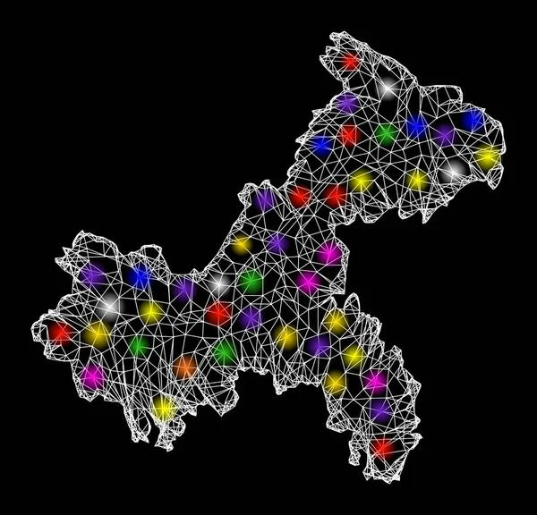 Mapa de marco de alambre web del municipio de Chongqing con puntos de luz brillantes — Vector de stock