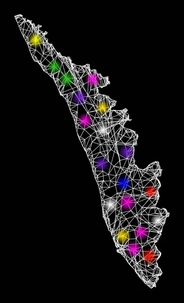 Mapa da Carcaça da Web do Estado de Kerala com Lugares de Luz Brilhantes — Vetor de Stock