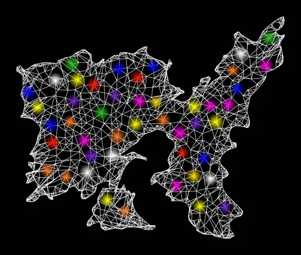 Mapa del marco de alambre web de la isla Lemnos con puntos de luz de colores — Vector de stock