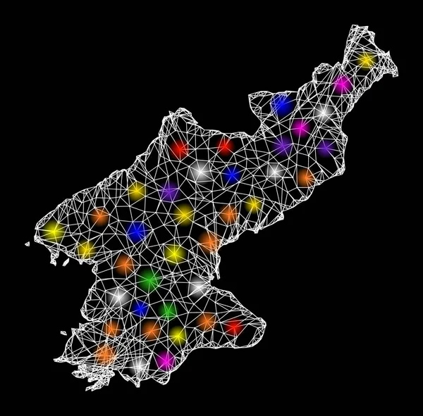 Web Carcass Χάρτης της Βόρειας Κορέας με φωτεινές κηλίδες φωτός — Διανυσματικό Αρχείο
