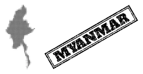 ミャンマーのハーフトーンマップとグランジフレームシール — ストックベクタ