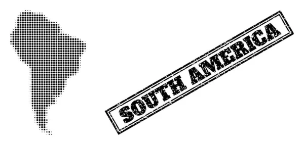 Полутоновая карта Южной Америки и гранж рамка печати — стоковый вектор