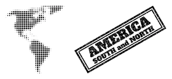 Carte demi-teinte de l'Amérique du Sud et du Nord et filigrane encadré impur — Image vectorielle
