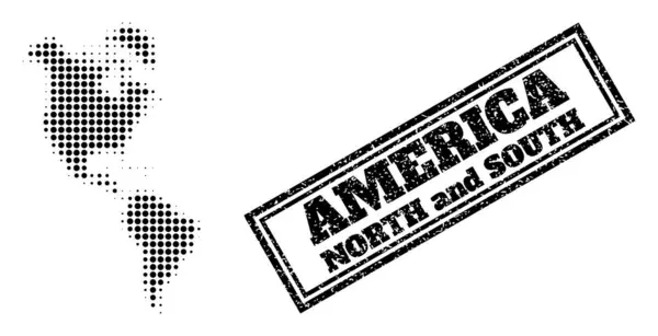 Mapa do meio-tom da América do Sul e do Norte e selo emoldurado raspado —  Vetores de Stock