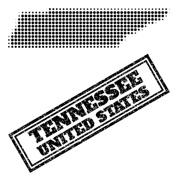 Mapa de medio tono del estado de Tennessee y marca de agua con marco texturizado — Vector de stock