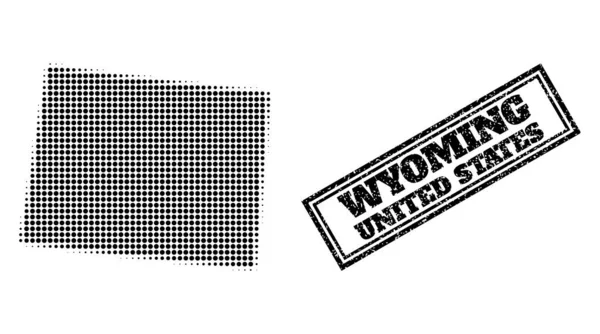 Halftone Map of Wyoming State and Distress Framed Seal — 스톡 벡터