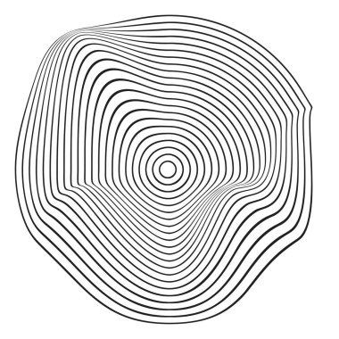 Beyaz arka planda izole edilmiş siyah dalgalı eşmerkezli daireler. Nabız, ses veya dalga simgeleri. Topografik işaret. Dinamik, hareketli ya da akış sembolü. Moda siber şekiller. Vektör grafik illüstrasyonu.