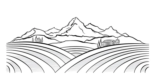 Намалював гори сільським пейзажем з полями та фермою. Дизайн лінії ескізу — стоковий вектор