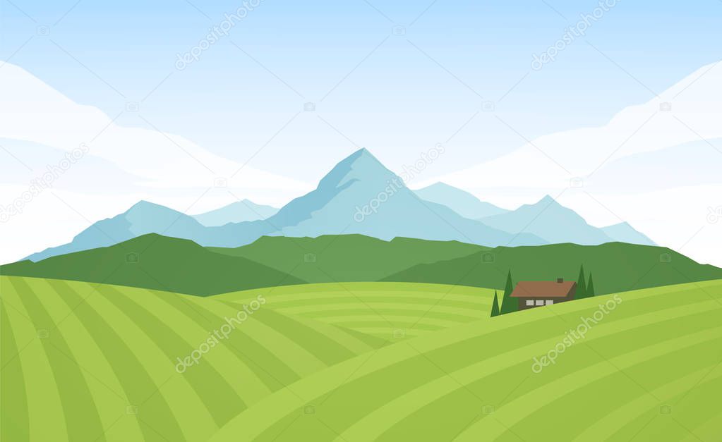 Summer Mountains alpine landscape with fields and house