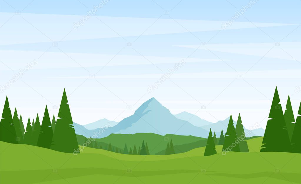 Summer Alpine Mountains landscape with pines on foreground