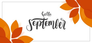 Merhaba Eylül el yazısı ile Sonbahar arka plan beyaz arka plan üzerinde sonbahar yaprakları ile